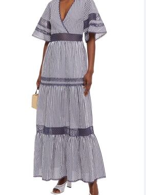 Jonathan Simkhai Navy Blue & White Striped Tiered Maxi Dress with Lace Panels